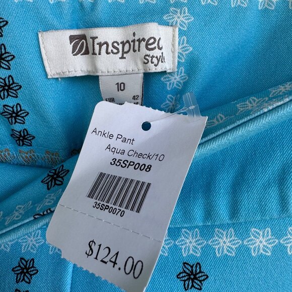 Inspired Style Ankle Pants Aqua Blue Check Size 10 Pockets Cotton Blend $124 NEW - Picture 2 of 16